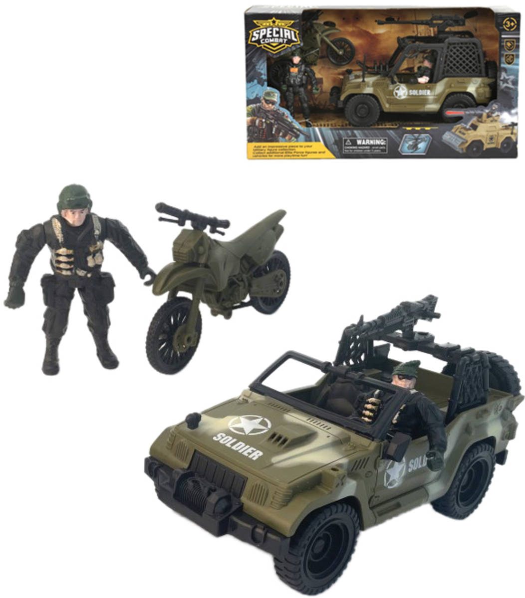 Fotografie Auto vojenské army vozidlo set s motocyklem a 2 figurkami s doplňky plast