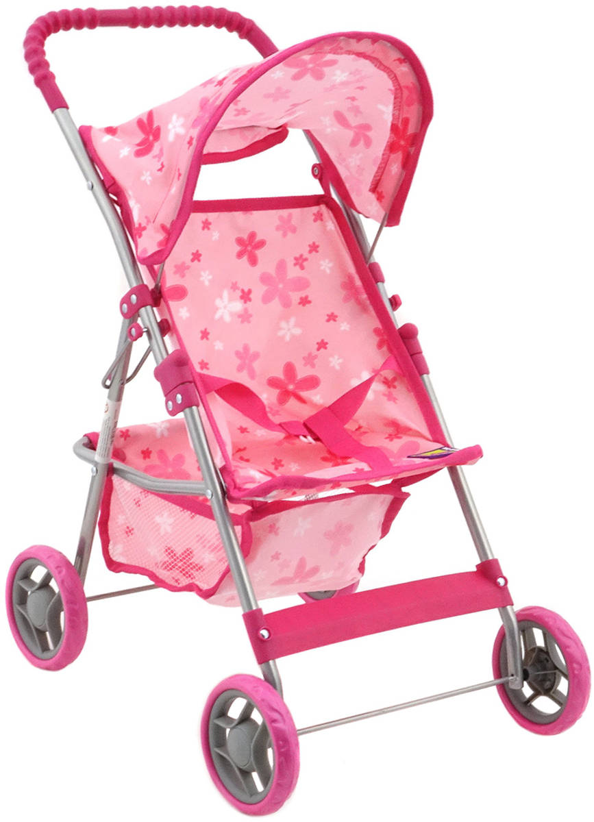 Fotografie Kočárek golfové hole růžový s kvítky s košíkem pro panenku miminko