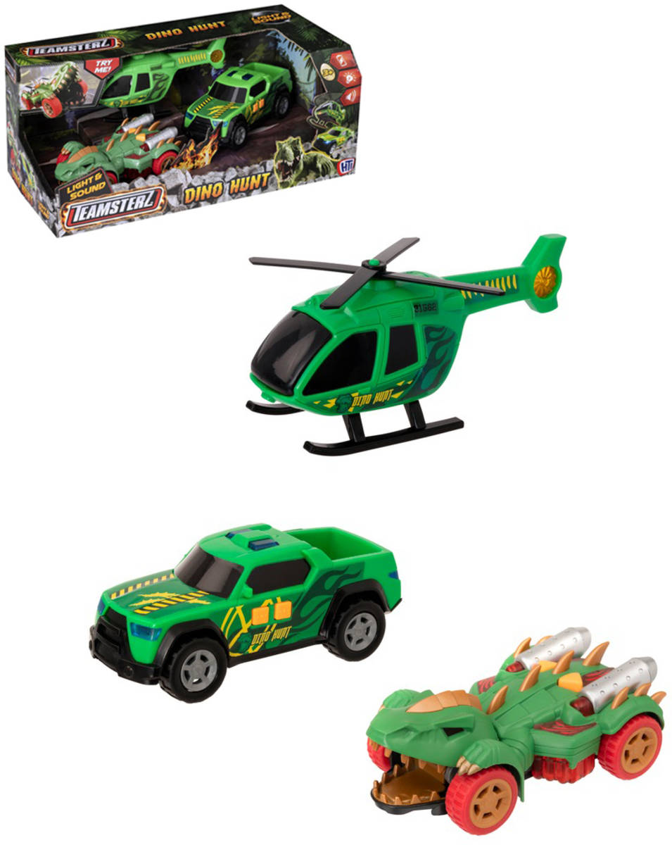 Fotografie Teamsterz lov dinosaurů set 2 auta s vrtulníkem na baterie Světlo Zvuk plast