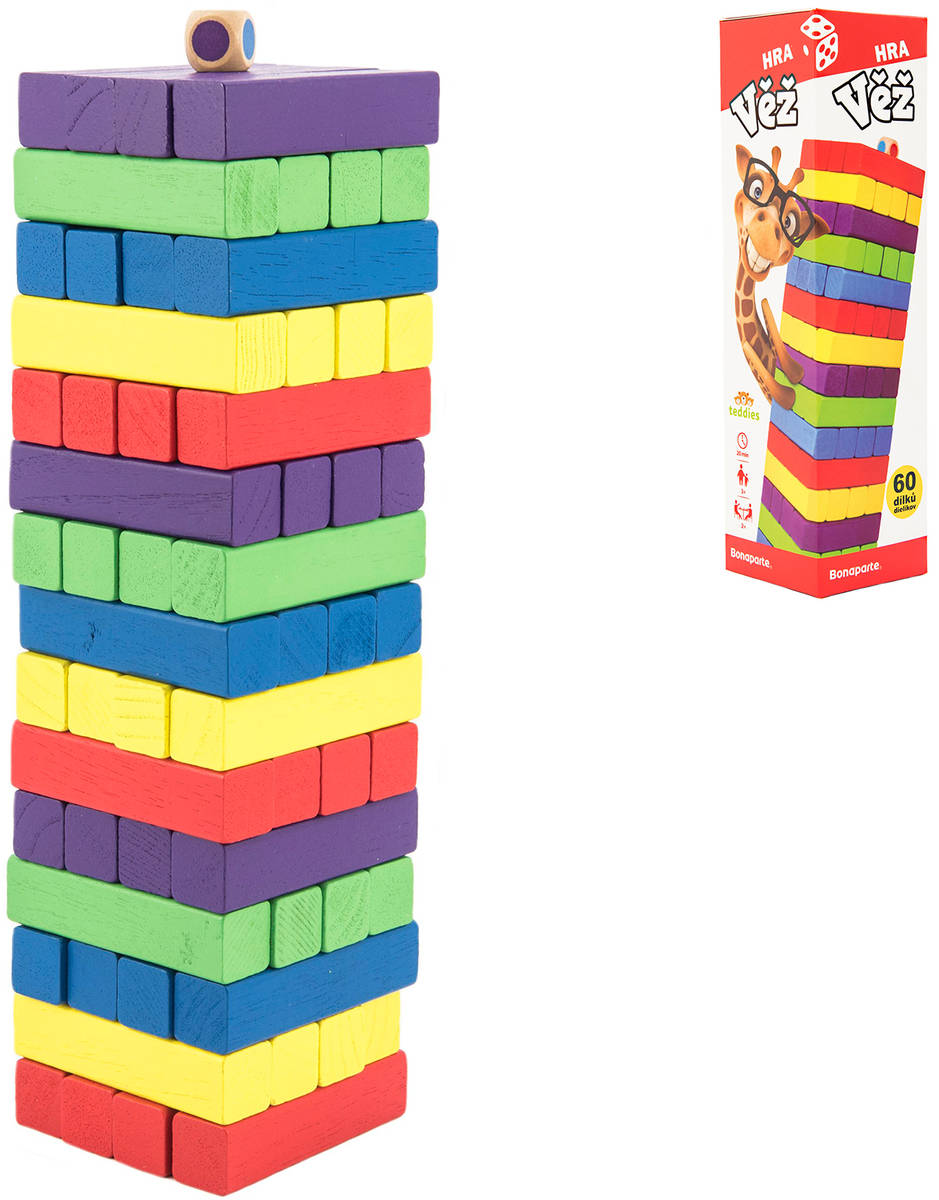 Fotografie Hra věž dřevěná 60 ks barevných dílků společenská hra