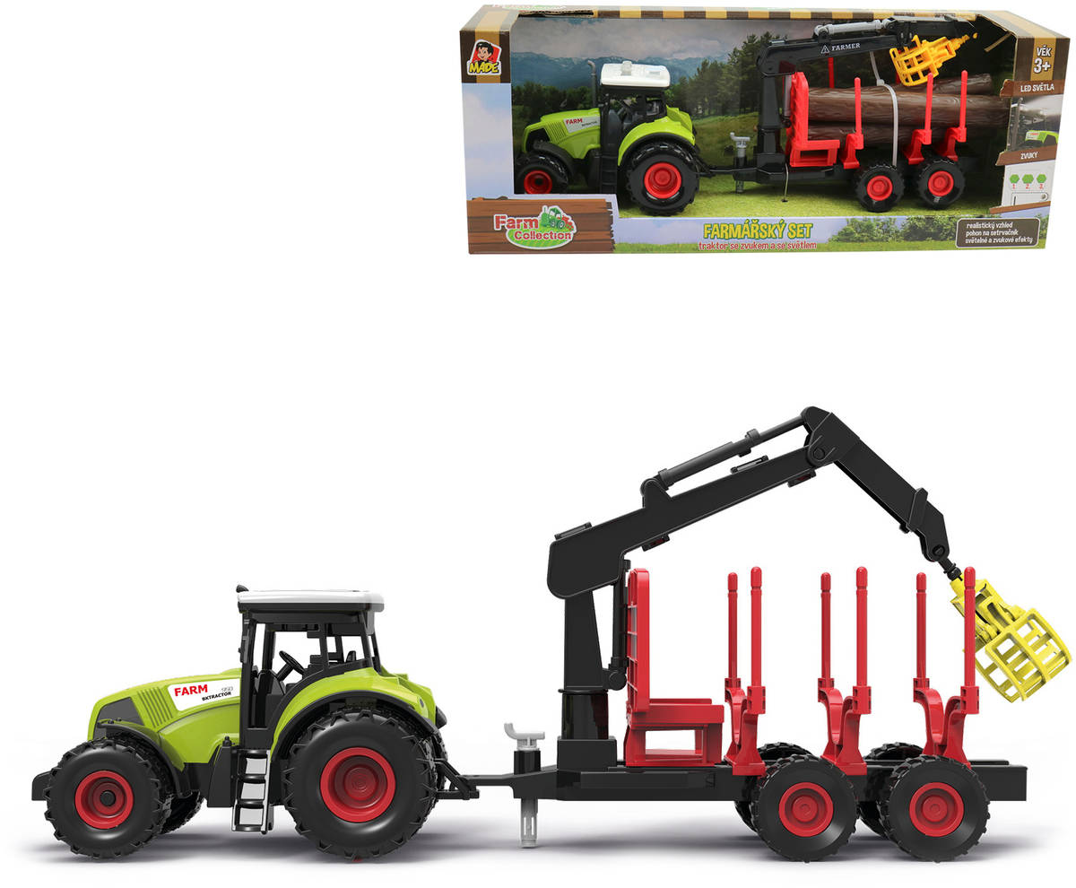 Fotografie Traktor s přívěsem s nakládacím jeřábem a kládami dřeva na baterie Světlo Zvuk