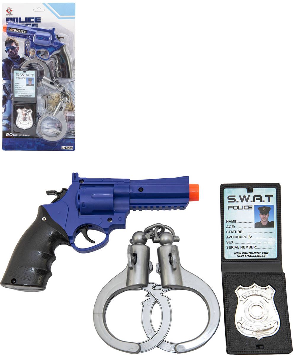 Fotografie Policejní sada plast pistole klapací 18x13cm + pouta + odznak na kartě 18x38x4cm