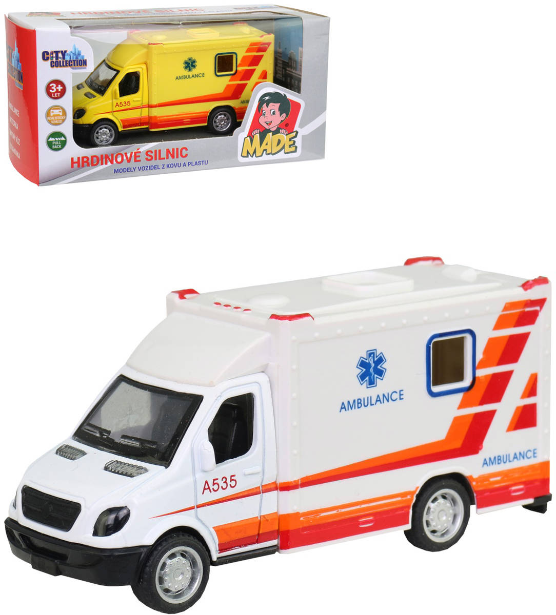 Fotografie Auto ambulance kovová zpětný chod 10cm sanitní vůz v krabici 2 barvy