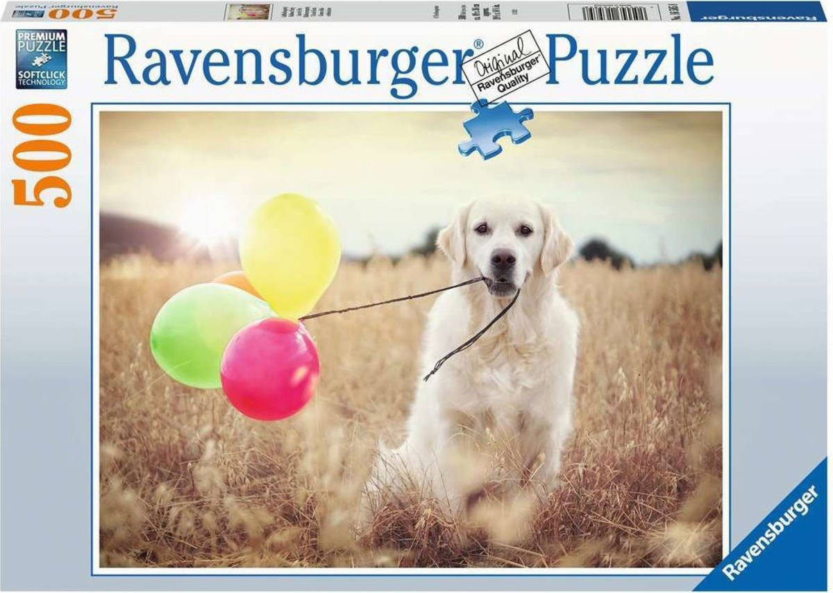 Fotografie RAVENSBURGER Puzzle Pes s balónky 500 dílků 49x36cm skládačka