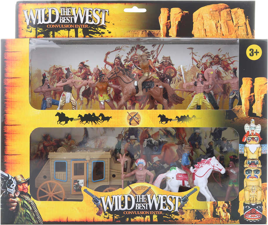 Divoký západ westernový set kočár se 3 koni a indiány plast v krabici