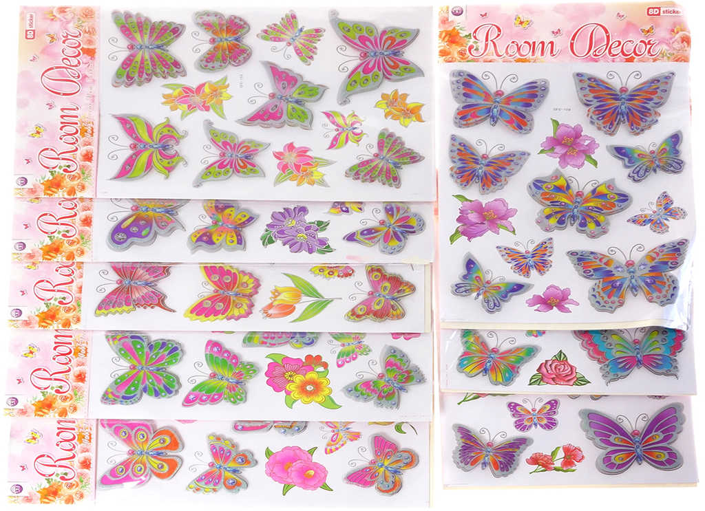 Fotografie Samolepky 2D/3D motýli 12ks třpytivá nástěnná dekorace na zeď různé druhy