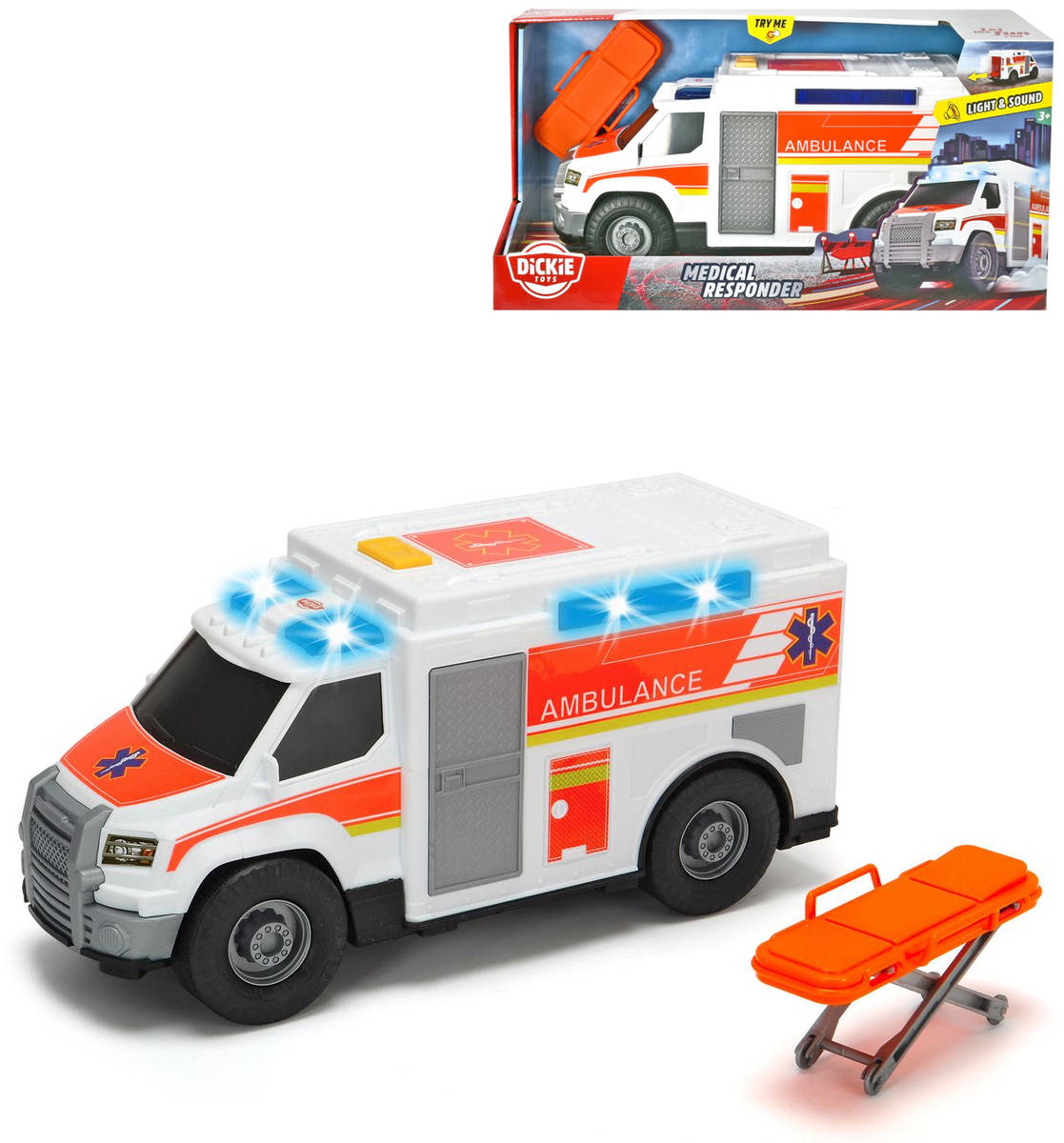 DICKIE Auto bílá ambulance sanitka set s nosítky na baterie Světlo Zvuk