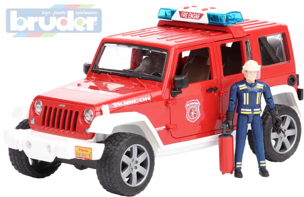Fotografie BRUDER 02528 Jeep Wrangler Rubicon hasiči funkční set s figurkou Světlo Zvuk