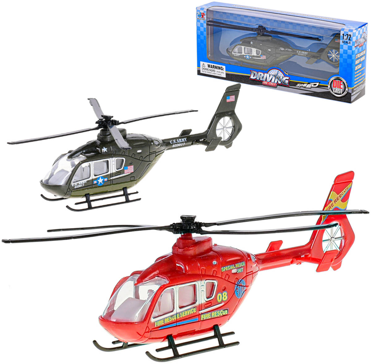 Fotografie Helikoptéra hasičská /vojenská kovový vrtulník 3 druhy v krabici