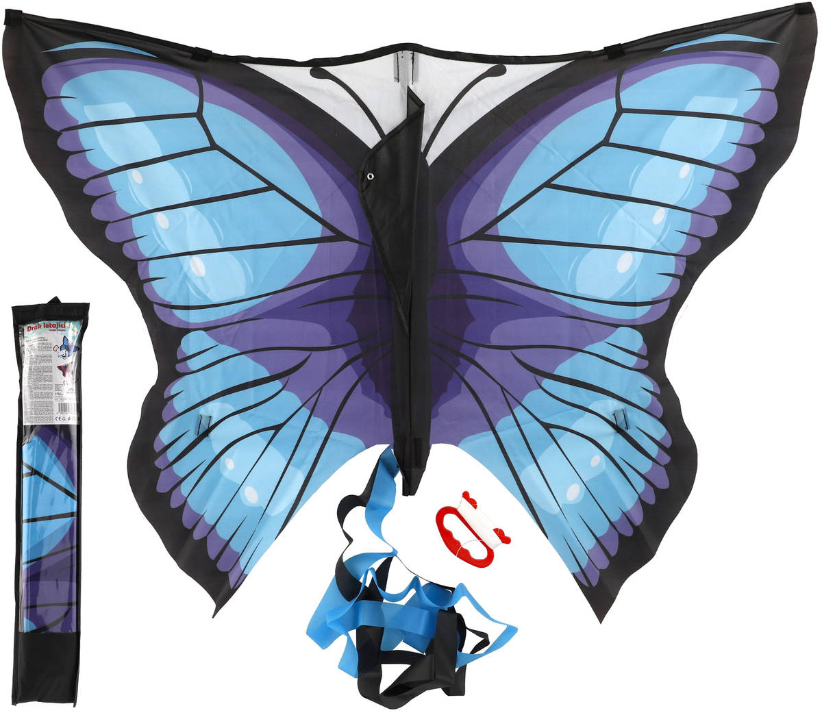 Drak létající motýl modrý 100x70cm nylon v látkovém sáčku