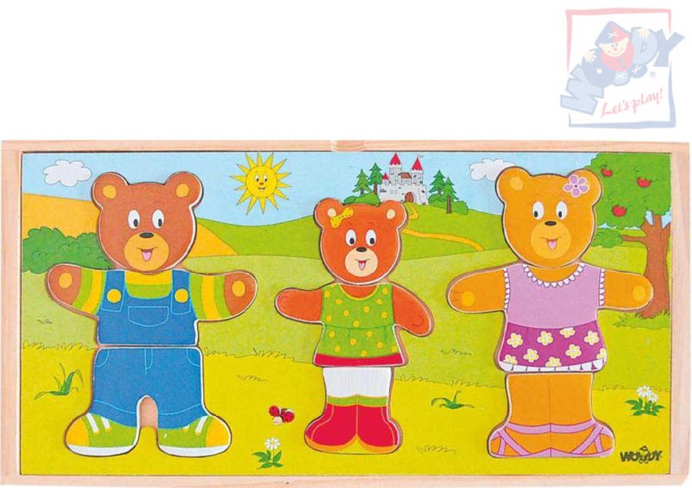 WOODY DŘEVO Puzzle šatní skříň oblékni si medvědí rodinku set 54 dílků
