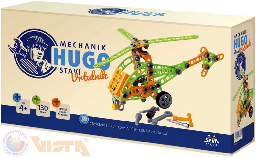 Fotografie Mechanik Hugo staví Vrtulník Seva stavebnice s nářadím 130ks plast v krabici 31x16x7cm