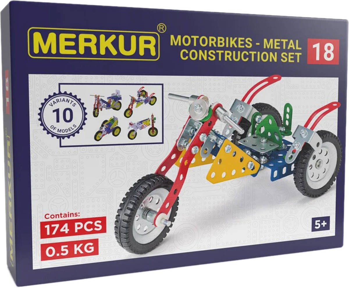 Fotografie Stavebnice MERKUR 018 Motocykly 10 modelů 182ks v krabici 26x18x5cm