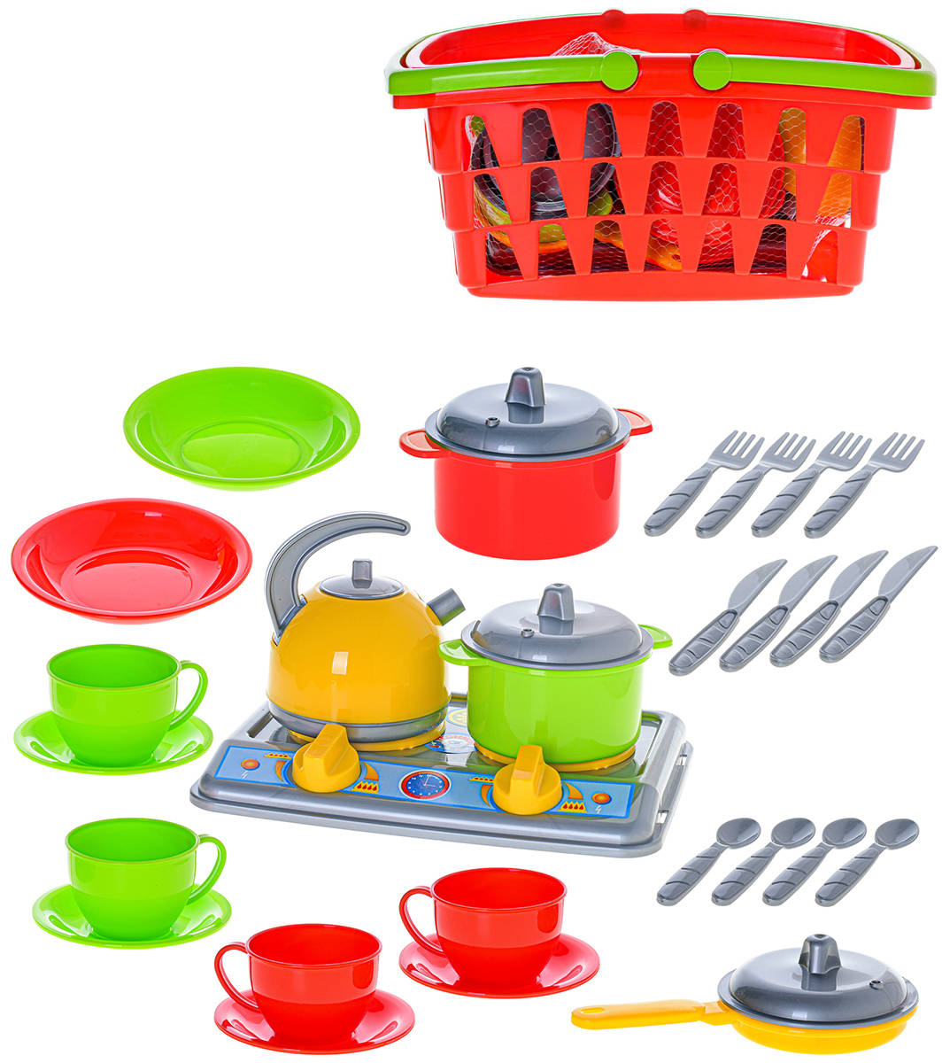 Fotografie Kuchyňský set dětské nádobí s vařičem v nákupním košíku plast