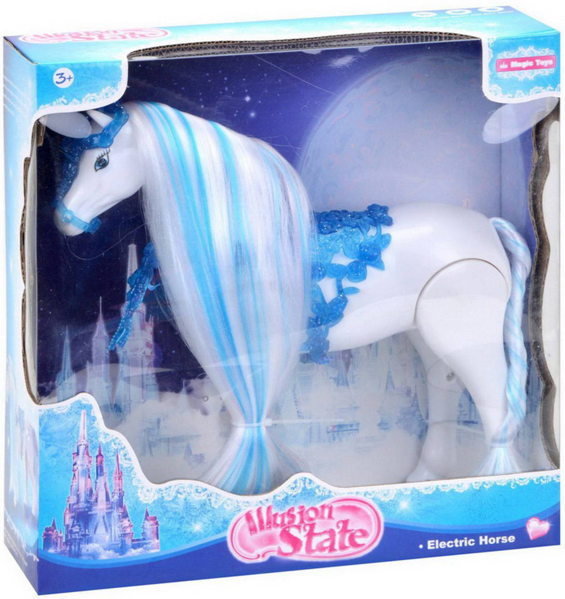 Kůň modro-bílý na baterie zimní království dlouhá hříva česací plast