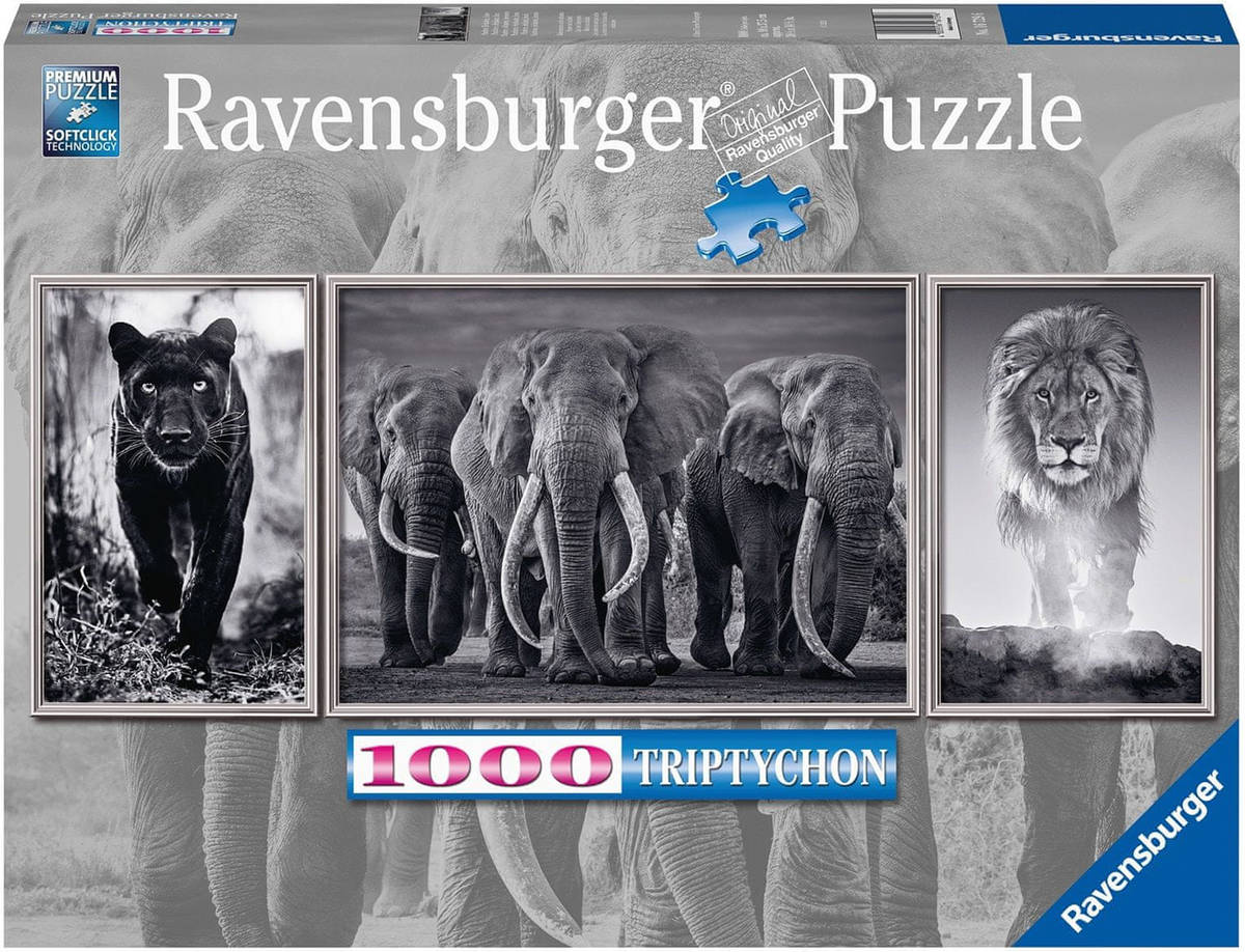 Fotografie RAVENSBURGER Puzzle Panter, slon a lev 1000 dílků 98x38cm panorama triptych