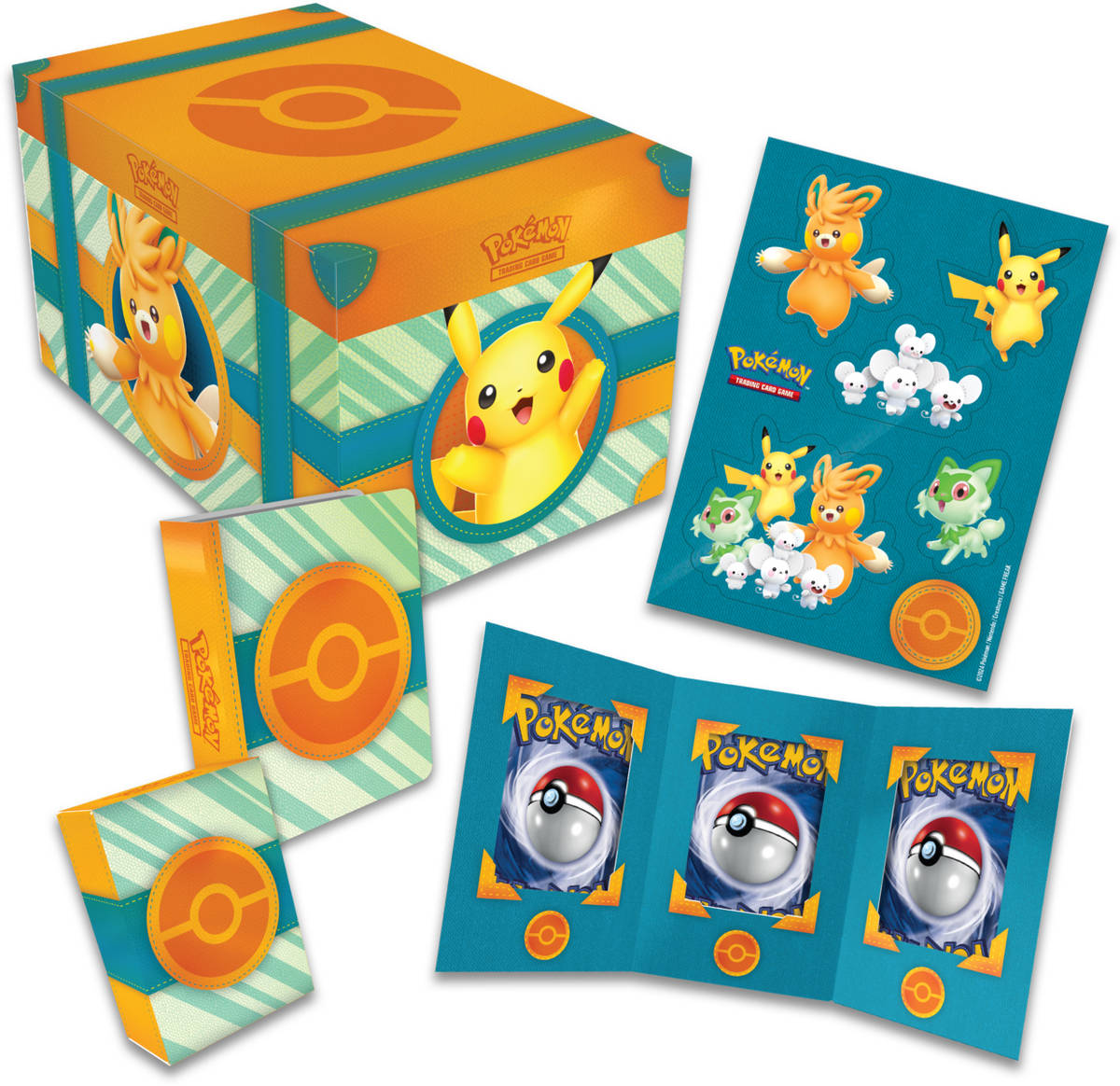 ADC Pokémon TCG Paldea Adventure Chest Pikachu set 6x booster + mini album