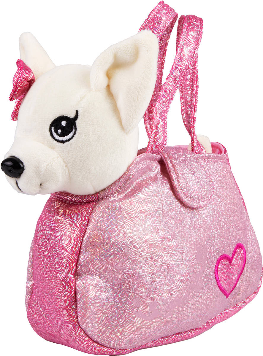 Fotografie PLYŠ Pes s mašličkou v třpytivé růžové kabelce *PLYŠOVÉ HRAČKY*