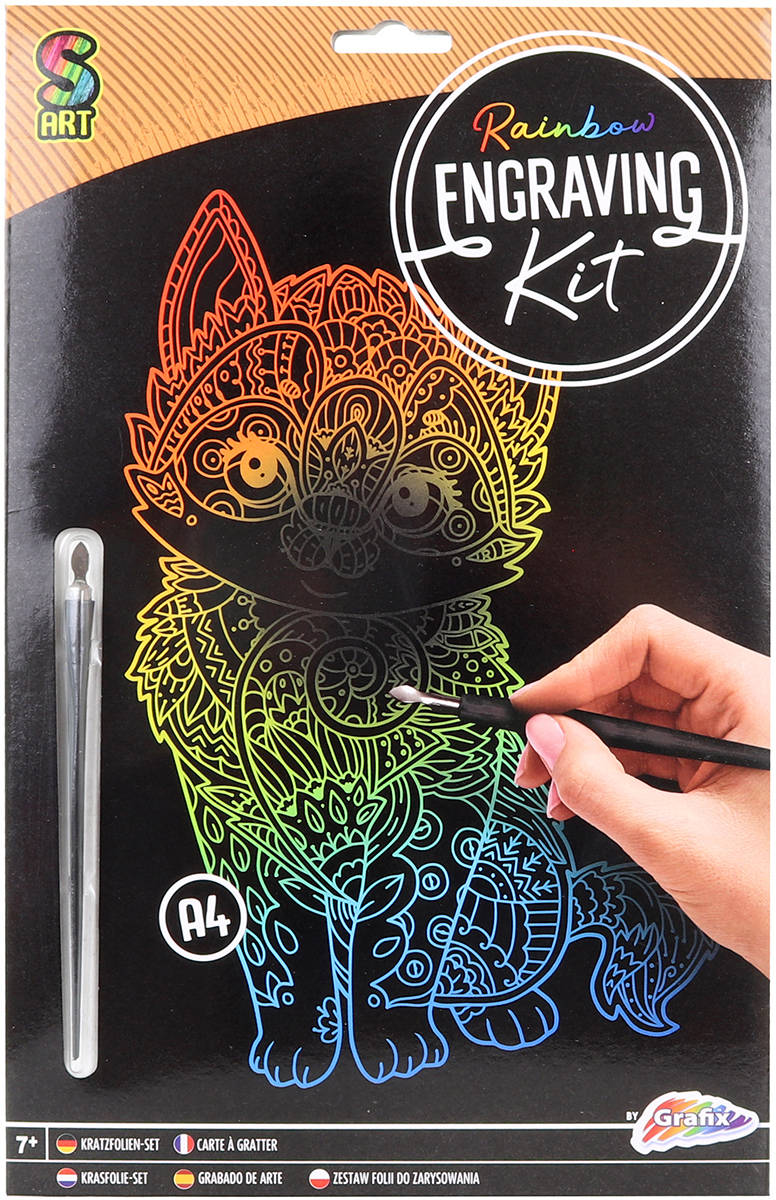 GRAFIX Obrázek vyškrabovací Kočka duhový kreativní set se škrabacím perem