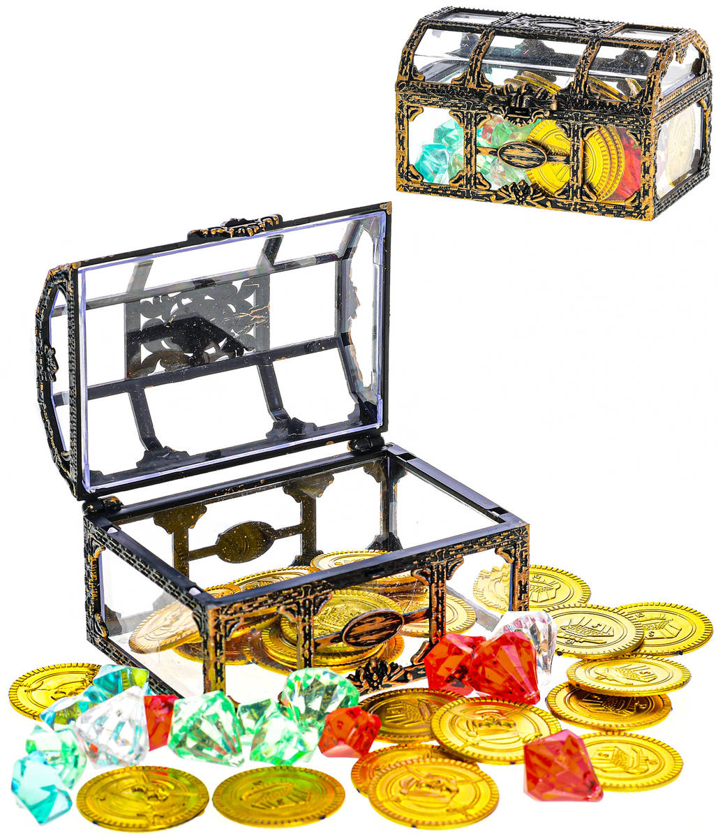 Fotografie Truhla s pokladem se zlatými mincemi a diamanty set 50ks plast