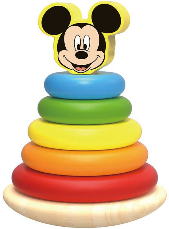 Fotografie DŘEVO Baby pyramida navlékací věžička s barevnými kroužky Mickey Mouse
