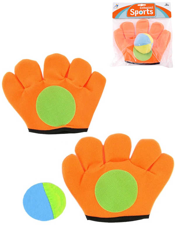 Fotografie Hra Catch ball oranžová rukavice chytací set 2ks se soft míčkem v sáčku
