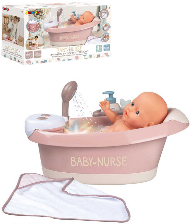 Fotografie SMOBY Baby Nurse Vanička pro panenku s funkční sprchou na baterie Světlo Zvuk
