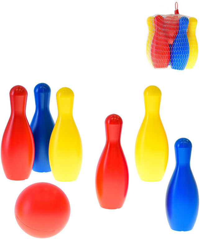 Fotografie Hra Kuželky soft plastové barevné set 6ks 19cm s koulí v síťce