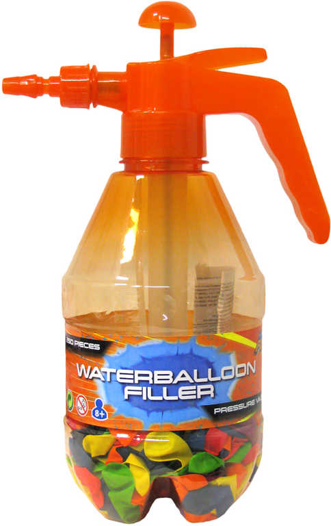 Fotografie Pumpa plnič na vodní balonky set tlakovací láhev + vodní bomby neonové 250ks 3 barvy