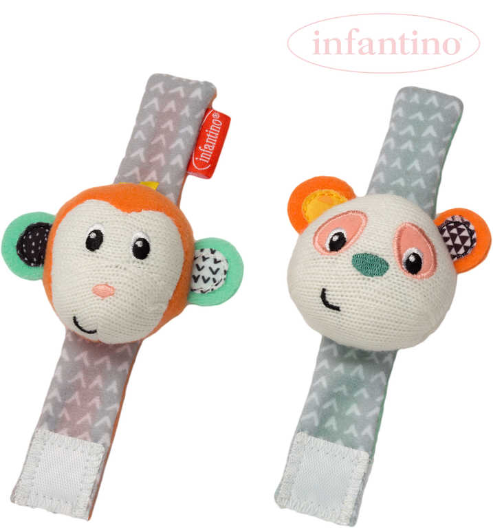 Fotografie INFANTINO Baby Chrastítko textilní na ruku set 2ks opička a panda pro miminko