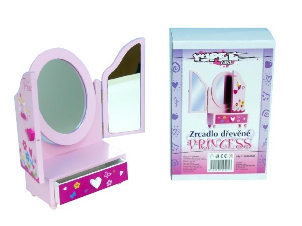 Fotografie Zrcadlo šperkovnice Princess 3-dílné zásuvka dřevo 16x25x8cm v krabici