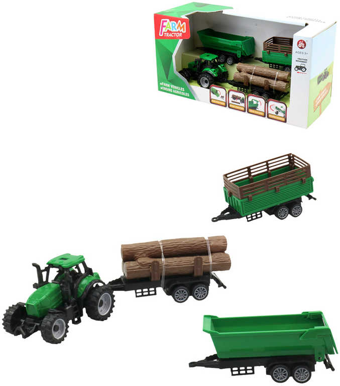Traktor zelený se 3 přívěsy a kládami dřeva herní set v krabici plast