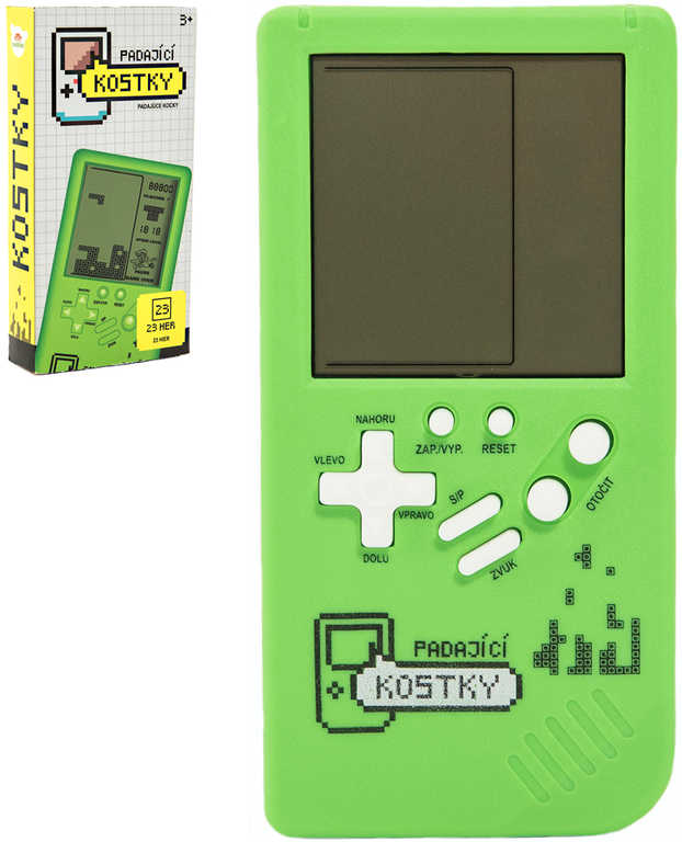 Hra retro digitální Tetris Brick Game padající kostky Zelená na baterie Zvuk