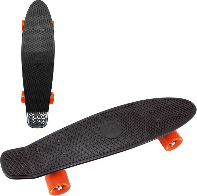 Fotografie Skateboard - pennyboard 60cm nosnost 90kg, kovové osy, černá barva, oranžová kola