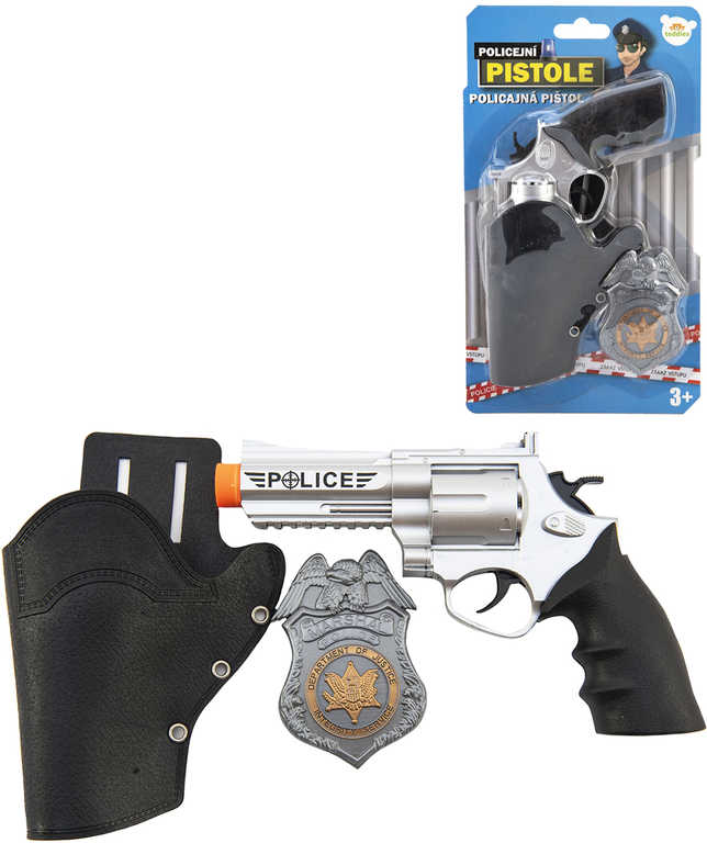 Fotografie Policejní pistole klapací 20 cm v pouzdru s odznakem plast na kartě