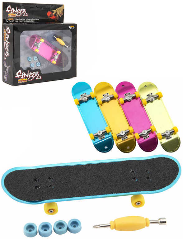 Fotografie Skateboard prstový šroubovací plast 9cm s doplňky 4 barvy v krabičce 14x14x4cm
