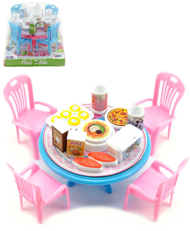 Fotografie Nábytek herní set stůl jídelní a židle s nádobím a potravinami různé druhy plast