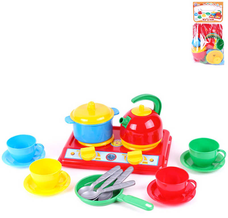Vařič barevný plastový herní set s nádobím a příbory v sáčku
