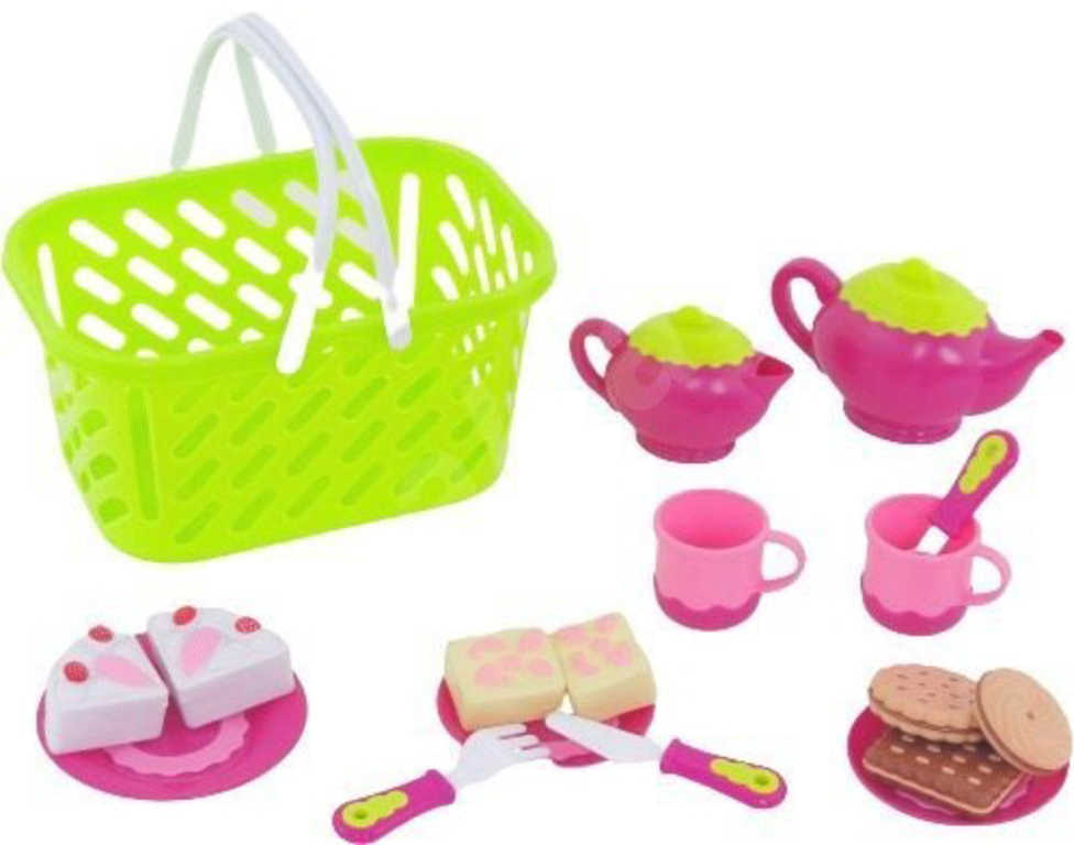 Nádobí dětské čajový servis set s maketami potravin v nákupním košíku plast