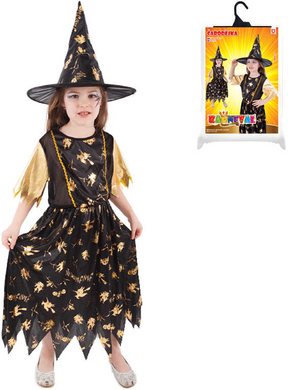 KARNEVAL Šaty čarodějnice černo-zlatá vel.M (116-128cm) 6-8 let *KOSTÝM*