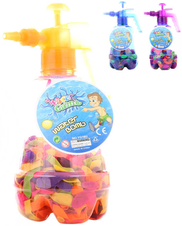 Fotografie Pumpa plnič na vodní balonky set tlakovací láhev + vodní bomby 100ks 3 barvy