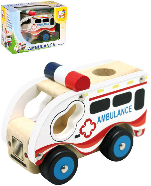 Fotografie BINO DŘEVO Auto baby ambulance sanitka volný chod *DŘEVĚNÉ HRAČKY*