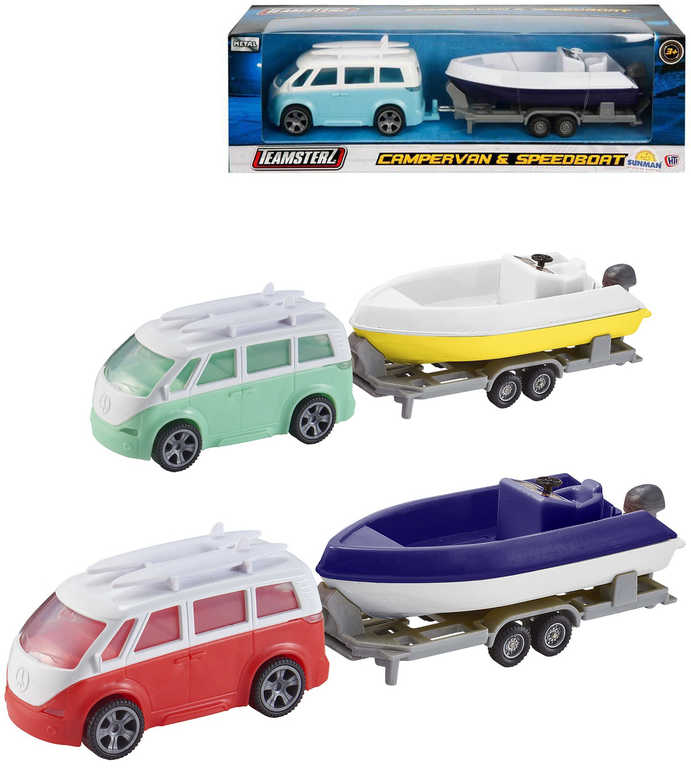 Teamsterz auto karavan kovový set s přívěsem a motorovým člunem 4 barvy