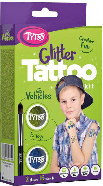 TyToo Dětské tetování Dopravní prostředky 15 tetovaček pro kluky se třpytkami