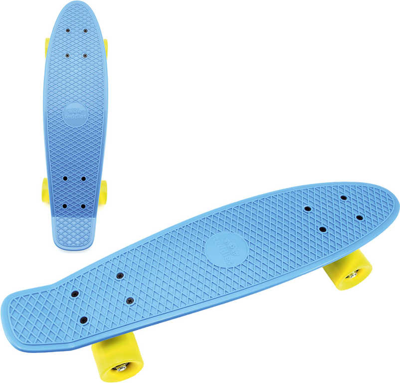 Fotografie Skateboard - pennyboard 60cm nosnost 90kg, kovové osy, modrá barva, žlutá kola