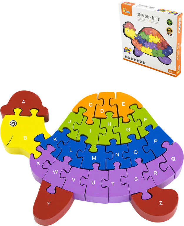 Fotografie DŘEVO 3D Puzzle skládačka želva 24cm s abecedou 26 dílků v krabici