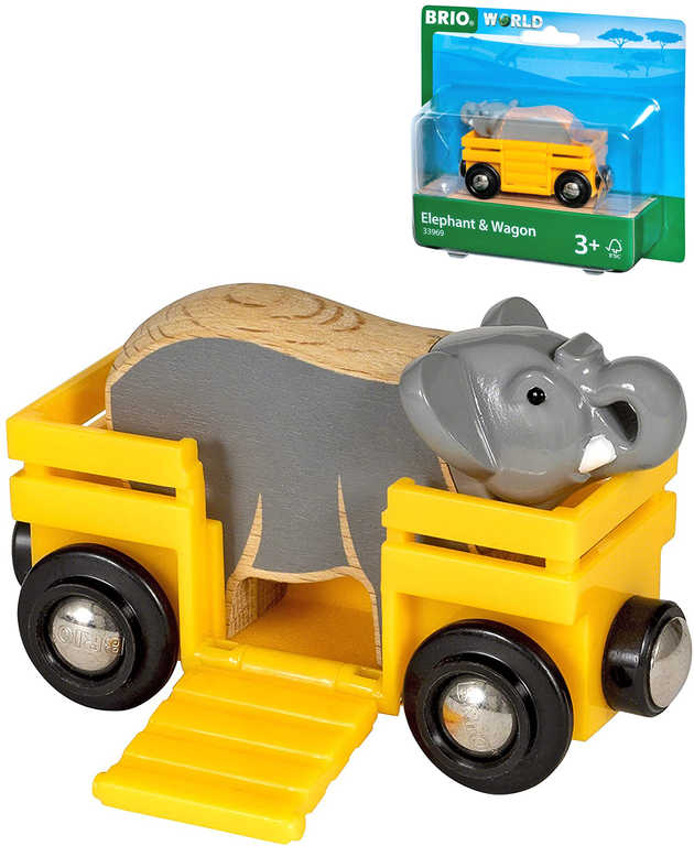 Fotografie BRIO DŘEVO Set vagónek nákladní + slon doplněk k vláčkodráze
