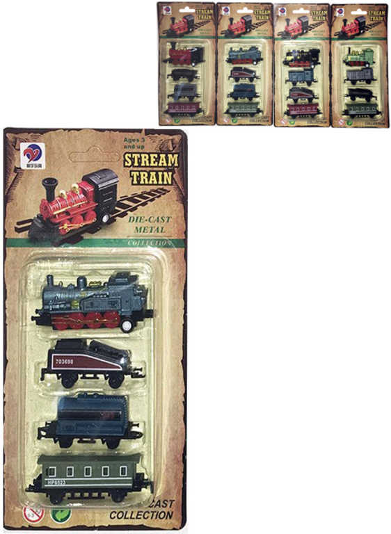 Fotografie Vlak kovový mini historický set mašinka + 3 vagónky zpětný nátah 4 druhy na kartě