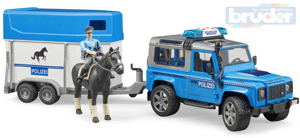 Fotografie BRUDER 02588 Auto Land Rover policie s přepravníkem set s koněm a figurkou
