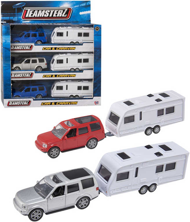 Fotografie Teamsterz set auto teréní jeep + karavan 3 barvy v krabičce
